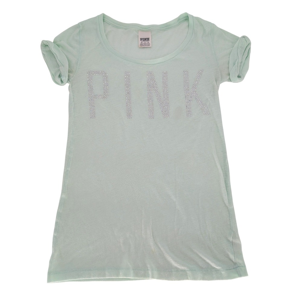 Y2K PINK Victorias Secret Graphic T-Shirt XS Mint Green Rhinestone‎ Logo Bling